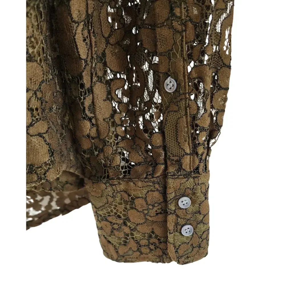 J Crew Olive Green Lace Button Up Blouse Womens Size 12 Sheer Floral Top